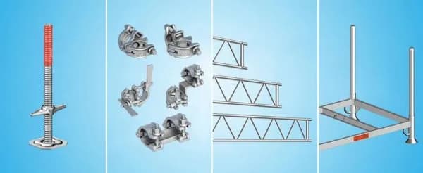 Accesorios para andamios Layher: base regulable, grapas, vigas de celosía y ruedas